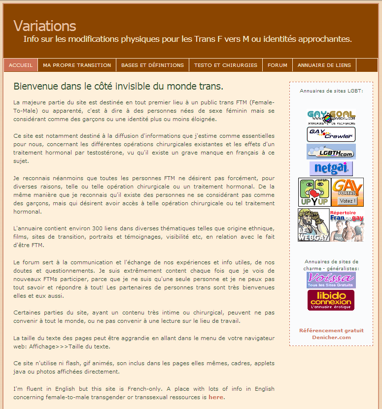 Page d'accueil du site principal FTMVariations