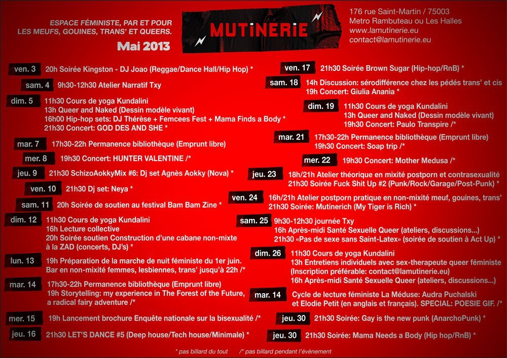 Flyer détaillant tout le programme au bar parisien queer la mutinerie durant le mois de mai 2013.
