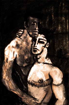 Dessin dans un style brut/craies. Deux garçons, l'un trans, cicatrices de mammec visibles, tout deux face à nous, s'étreignent.