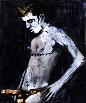 Dessin dans un style brut/craies. Un homme trans de profile, nu, portant harnais et gode, cicatrices de mammec visibles.