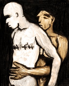 Dessin dans un style brut/craies. Deux garçons torse nus, l'un derrière l'autre, en étreinte. Celui de devant est chauve et trans, cicatrices de mammec visibles.