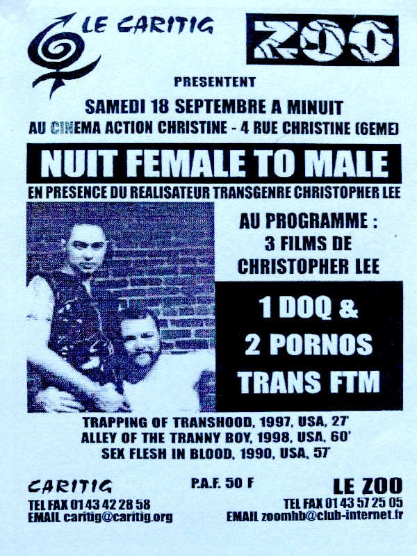 Flyer pour la soirée Nuit Female To Male - reprenant les infos de l'article ainsi qu'une photo tirée de Alley of the tranny boys, représentant deux hommes trans masculins de style cuir et viril