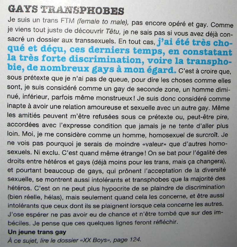 Courrier des lecteur du magazine gay Têtu, où un jeune homme trans gay raconte la mauvaise image de certains gay cis envers lui.